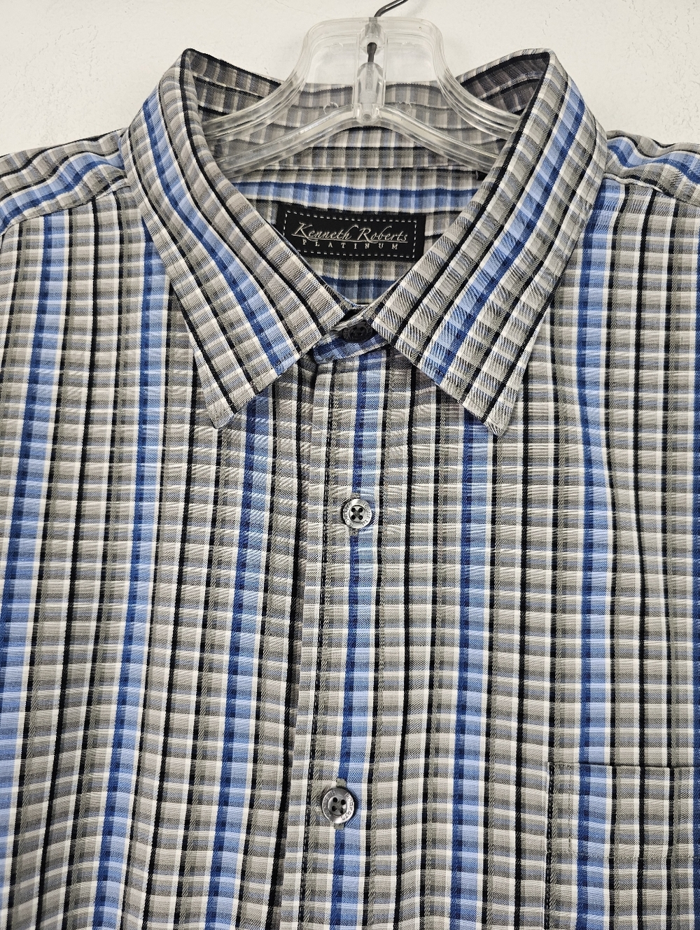 Kenneth Roberts Platinum Button Front Shirt Blue Check Spread Collar Sz XXL